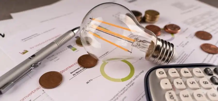 Lâmpada em cima de folhas e moedas de cêntimos, com calculadora para simbolizar energia