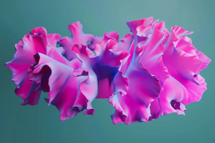 Estrutura artística abstrata de cor rosa e lilás com textura ondulada, semelhante a pétalas ou folhas retorcidas, sobre um fundo azul-esverdeado suave.