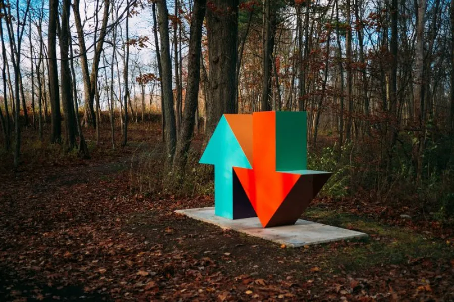 Escultura colorida com duas setas grandes tridimensionais, uma verde apontando para cima e outra vermelha apontando para baixo, instalada numa base de cimento em meio a uma floresta com árvores sem folhas e folhas secas no chão.