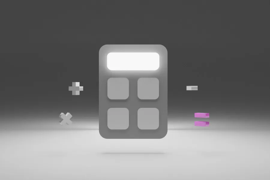 Calculadora cinzenta com símbolos de vezes, mais, menos e igual à volta a levitar