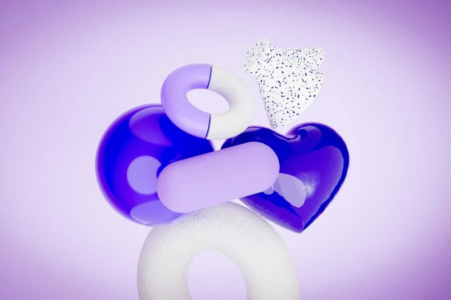 Composição abstrata 3D em tons de roxo e branco com formas geométricas variadas, incluindo um coração brilhante, anéis, cilindros e um elemento triangular com padrão pontilhado, sobre fundo lilás suave.