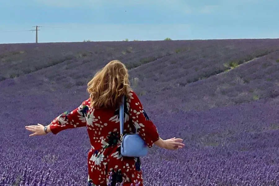 Mulher feliz num campo de lavanda